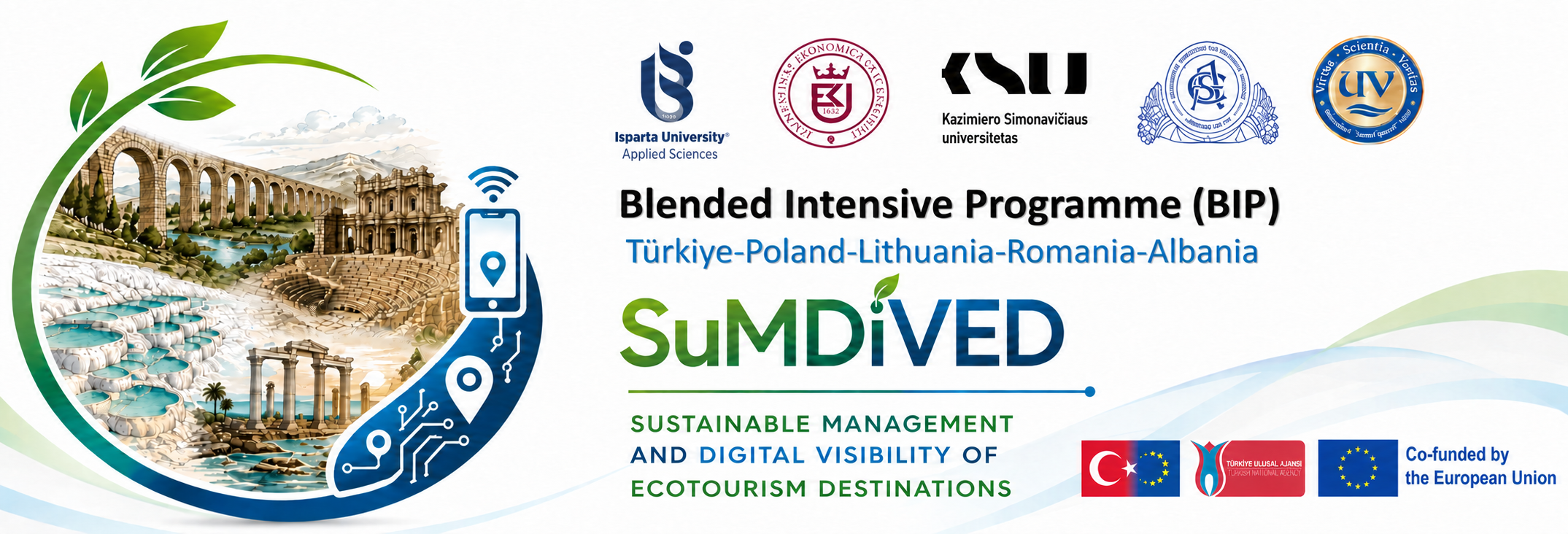 Erasmus+ Blended Intensive Programme SuMDiVED — Sustainable Management and Digital Visibility of Ecotourism Destinations. Partner logos: Isparta University of Applied Sciences, Krakow University of Economics, Kazimiero Simonavičiaus universitetas, Bucharest University of Economic Studies, University of Vlora. Co-funded by the European Union.